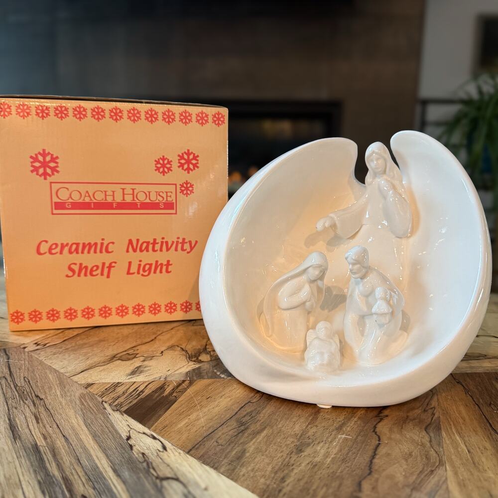 Coach House Gifts, White Ceramic Nativity Shelf Light, Manger in Angels Wings